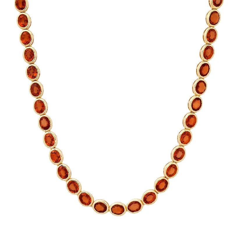 Women’s silver pendant necklace-Oval Bezel Set Orange Sapphire Tennis Necklace