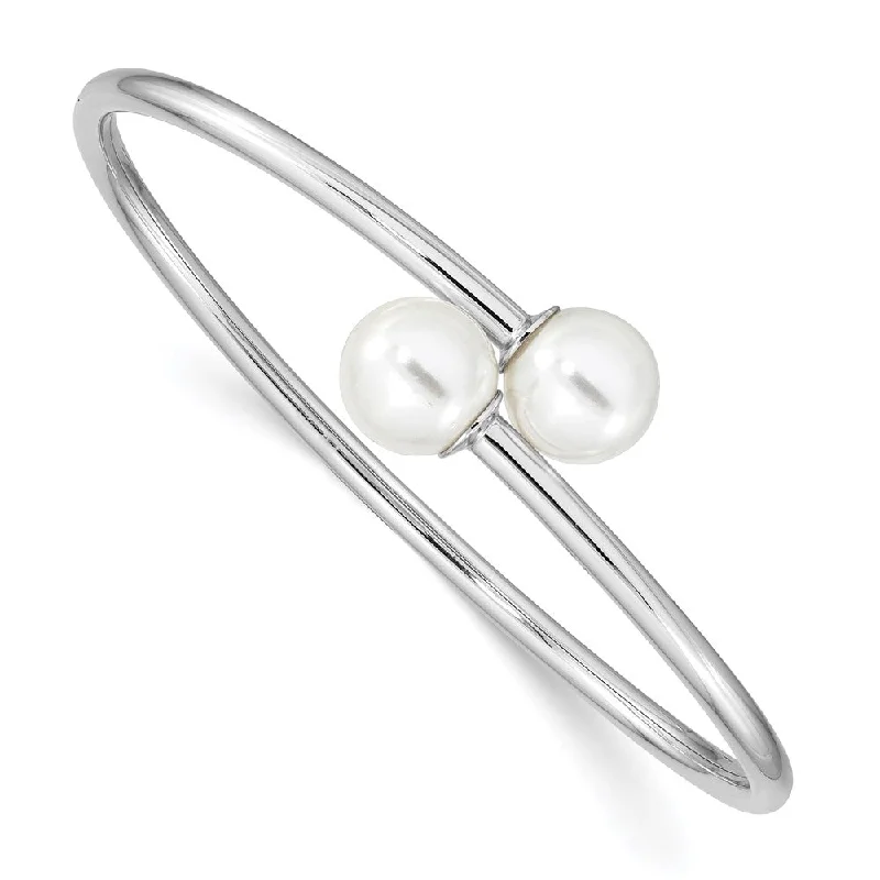 Women’s precious stone bracelet-Sterling Silver Rh-plat 10-11mm Wht Imitat Shell Pearl Bangle Bracelet-WBC-QMJB133WW