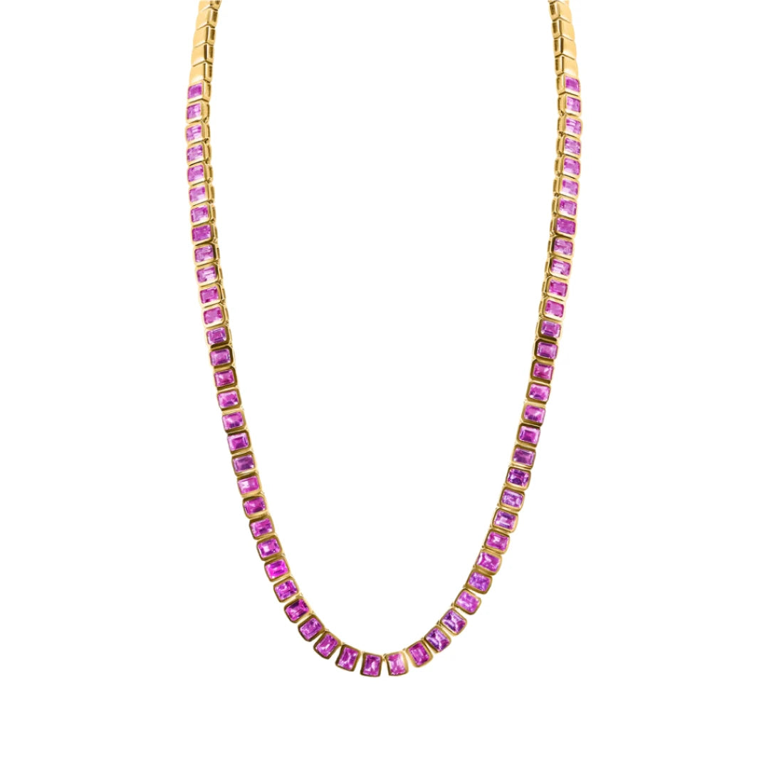 Women’s gemstone-studded necklace-Bold Bezel Set Pink Sapphire Tennis Necklace