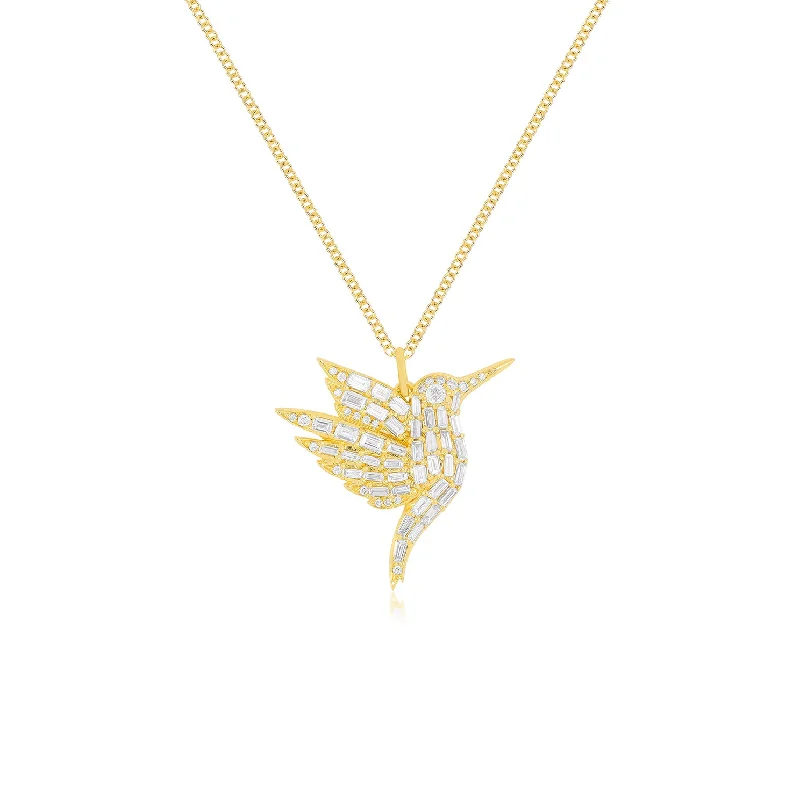 Women’s simple gold necklace-Baguette Diamond Hummingbird Necklace