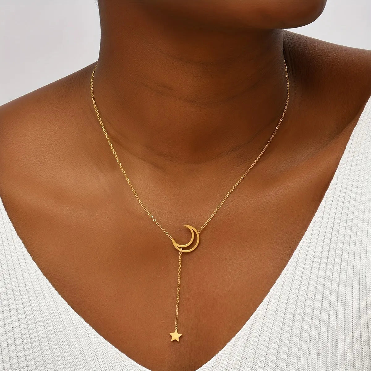 Women’s chain necklace with pendant-Wholesale Simple Style Star Moon Stainless Steel 14k Gold Plated Necklace