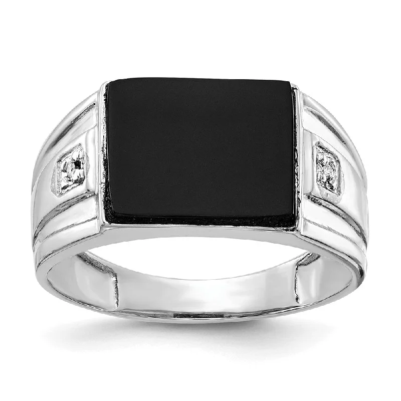 Women’s gemstone engagement ring-Solid 14k White Gold  Real Diamond Men's Onyx Ring