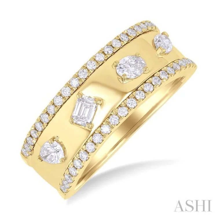 Women’s antique-style engagement ring-5/8 ctw 4-Stone Mixed Shape Diamond Wide Fashion Band in 14K Yellow Gold