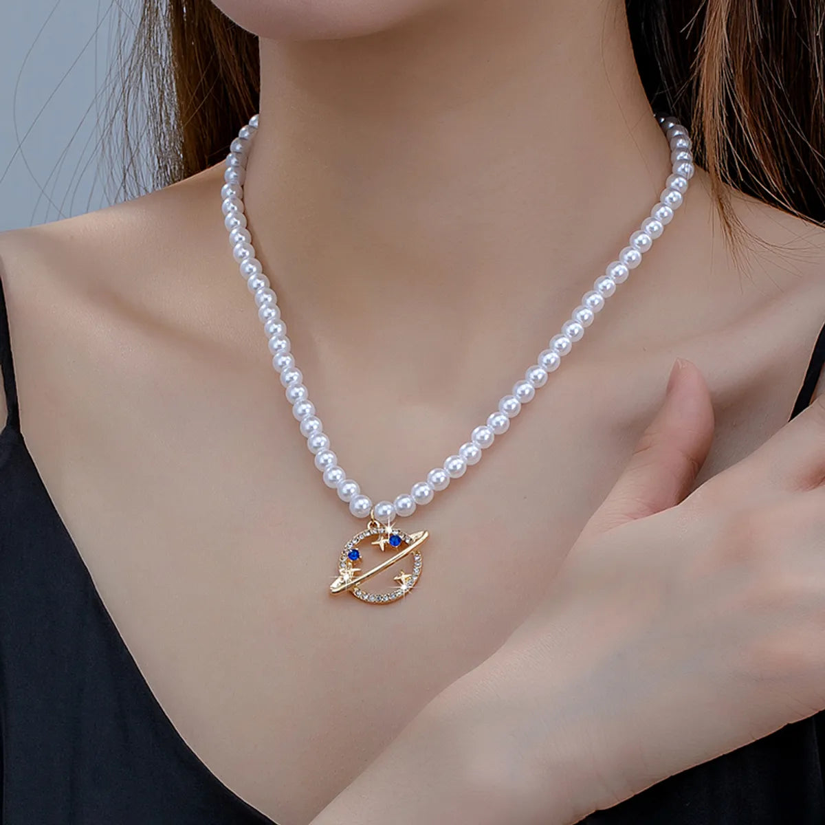 Women’s custom necklace design-Elegant Planet Imitation Pearl Alloy Beaded Plating Inlay Glass 14k Gold Plated Women's Pendant Necklace