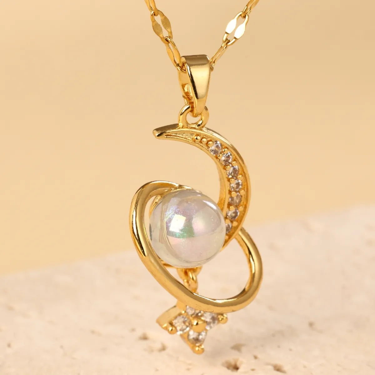 Women’s bridal pendant necklace-Stainless Steel Copper 18K Gold Plated Cute Sweet Moon Artificial Pearls Zircon Pendant Necklace