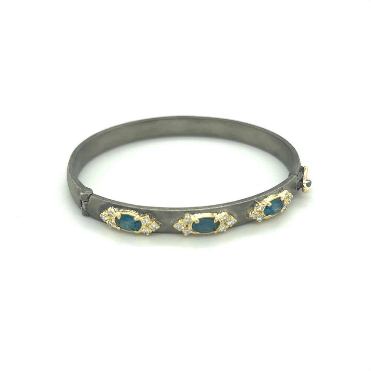 Women’s radiant bracelet-Armenta 18K Yellow Gold and Sterling Silver Wide Bangle Bracelet with London Blue Topaz and Diamonds