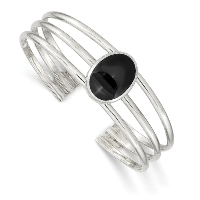 Women’s layered bracelet-Sterling Silver Onyx Three Strand Cuff Bangle Bracelet-WBC-QB389