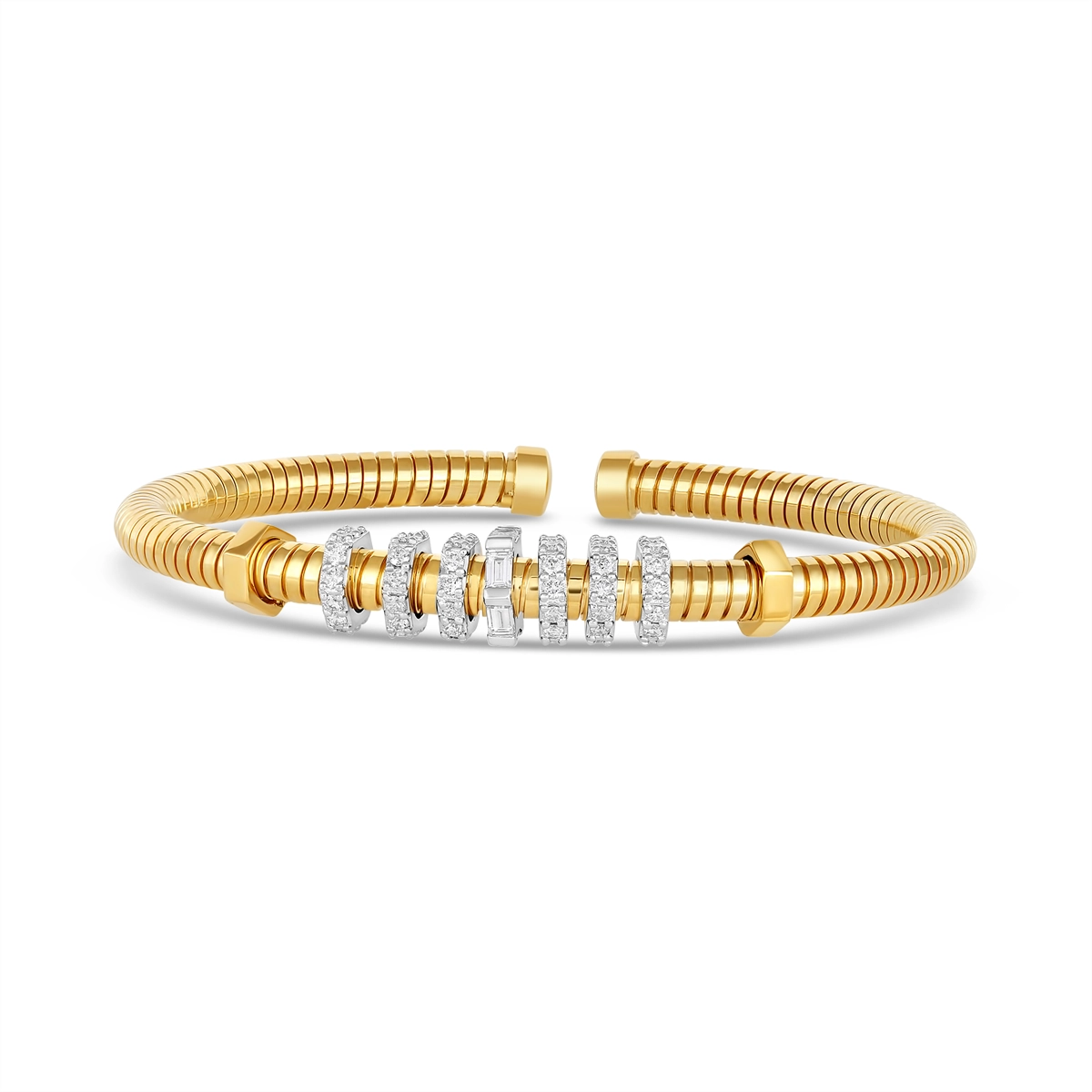 Women’s beautiful bracelet set-18K Yellow Gold Flexible Cuff Bracelet with White Gold Diamond Rondels