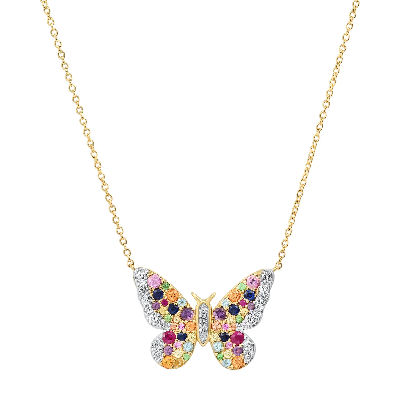 Women’s matching necklace and earrings set-Multi Colored Gemstone and Diamond Butterfly Necklace