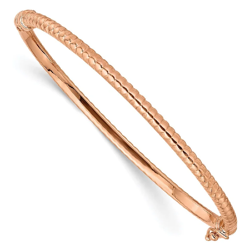 Women’s silver bracelet-14K Rose Gold Polished Textured Hinged Bangle Bracelet-WBC-DB583