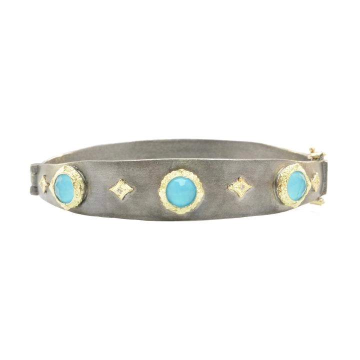 Women’s gold bangle-Armenta Old World 18K Yellow Gold & Blackened Sterling Silver Bracelet with Turquoise & White Quartz Doublets with Champagne Diamonds