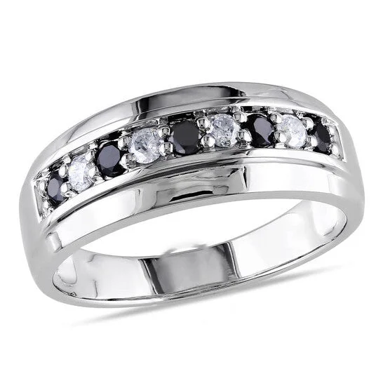 Women’s solitaire engagement ring-Original Amour 10k White Gold 1/2 CT TDW Black and White Diamond Men's Wedding Band Ring