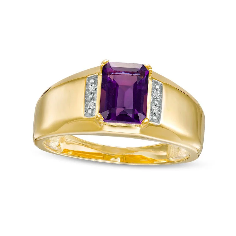 Women’s antique engagement ring-Men's Emerald-Cut Amethyst and Natural Diamond Accent Collar Ring in Solid 10K Yellow Gold