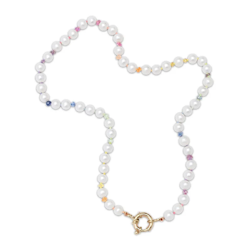 Women’s infinity necklace-Pearl & Rainbow Sapphire Hand Knotted Beaded Necklace