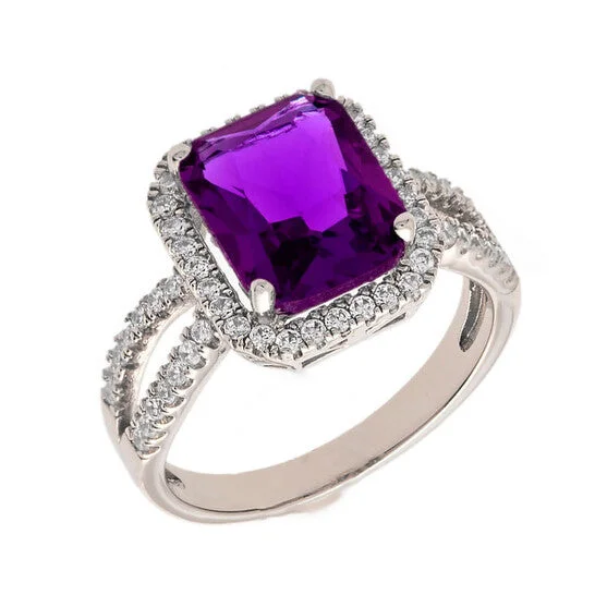 Women’s oval engagement ring-Original Elegant Confetti Women's 18K White Gold Plated Purple CZ Simulated Cushion Diamond Halo Statement Cocktail Ring