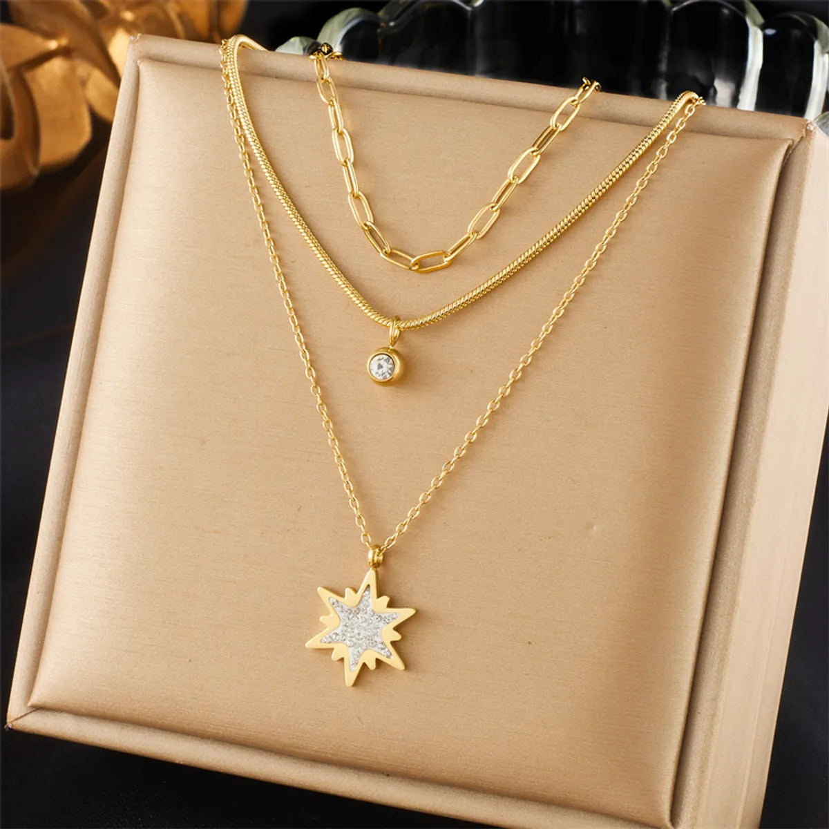 Women’s stylish necklace-Wholesale Elegant Lady Korean Style Star Titanium Steel Layered Plating Inlay 18k Gold Plated Rhinestones Layered Necklaces