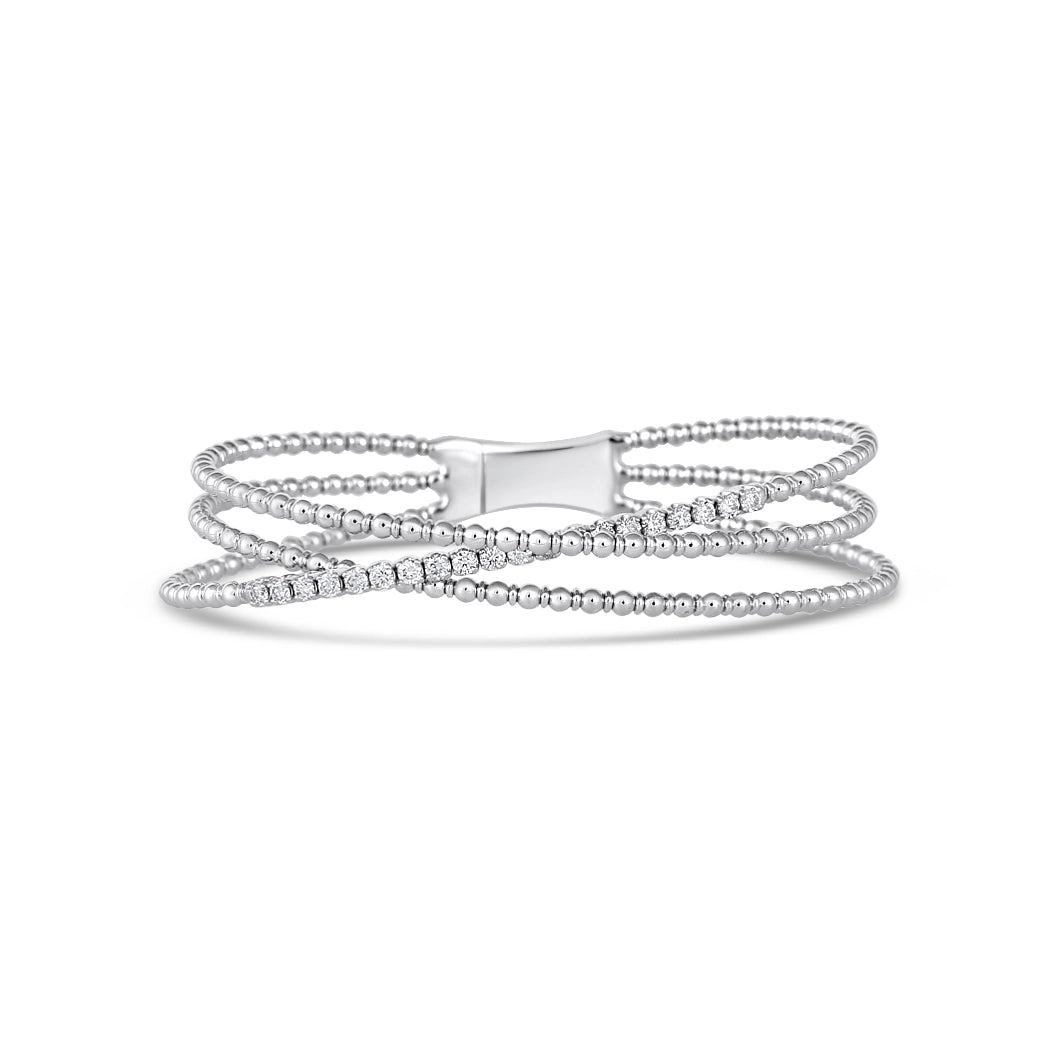 Women’s leather bracelet-14K White Gold Open Three Layer Beaded Crossover Diamond Bracelet