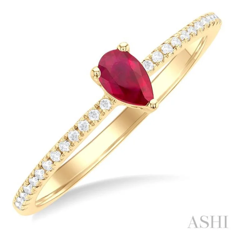 Women’s engagement ring with sapphire side stones-5x3 MM Pear Cut Ruby and 1/10 ctw Petite Round Cut Diamond Precious Fashion Ring in 10K Yellow Gold