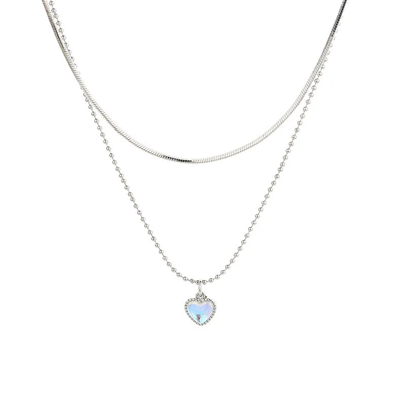 Colorful Love Double-Layer Necklace (White Gold Color Pendant Chain) Adjustable