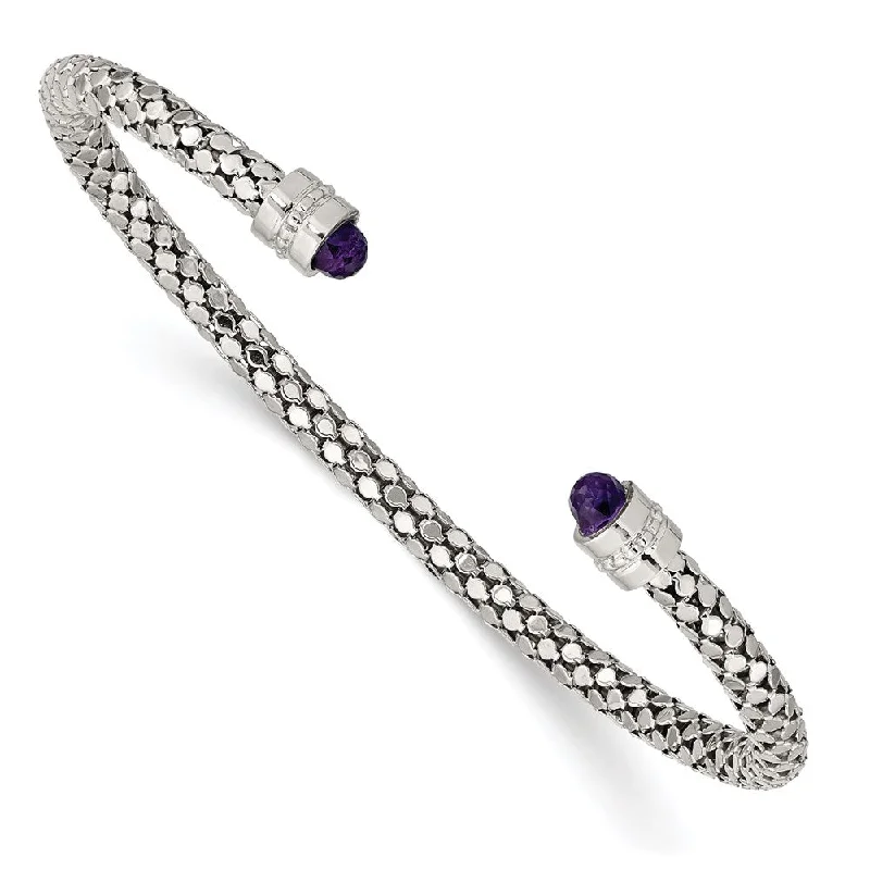 Women’s floral bracelet-Sterling Silver Amethyst Textured Cuff Bracelet-WBC-QG4808