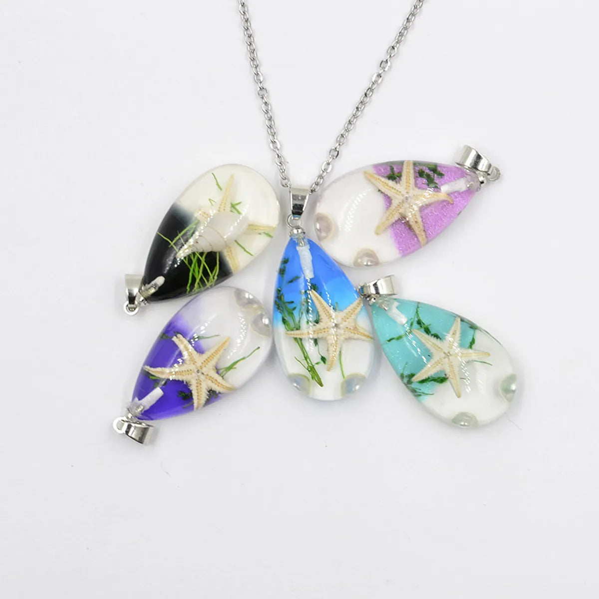 Women’s wedding day necklace-Creative Handmade Resin Starfish Shell Water Drop Stainless Steel Necklace Women's Jewelry Student Travel Necklace