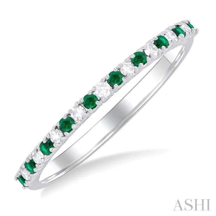 Women’s affordable diamond engagement ring-1.35 MM Round Cut Emerald and 1/10 ctw Petite Round Cut Diamond Precious Stack Band in 10K White Gold