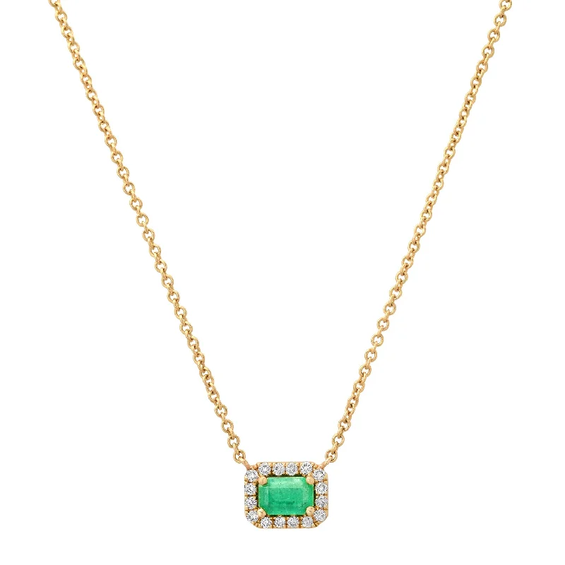 Women’s crystal necklace-Petite Emerald Cut Emerald & Pave Diamond Necklace