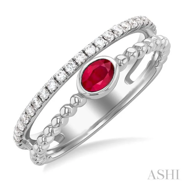 Women’s custom engagement ring-4x3 MM Oval Shape Ruby and 1/5 ctw Single Cut Diamonds Precious Fashion Split Twin Ring in 10K White Gold