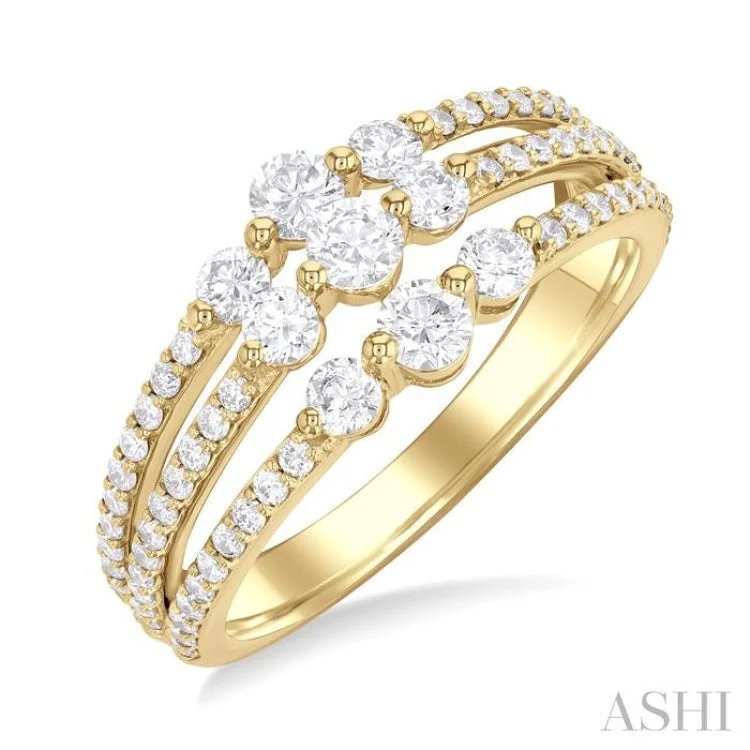 Women’s affordable vintage engagement ring-1.00 ctw Triple Row Past, Present & Future Round Cut Diamond Wedding Band in 14K Yellow Gold