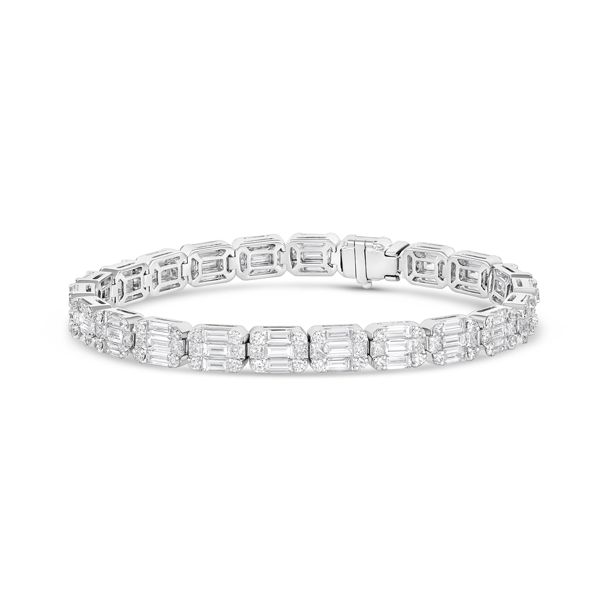 Women’s silver bracelet-18K White Gold Rectangle Design Cluster Princess, Baguette and Round Diamond Bracelet