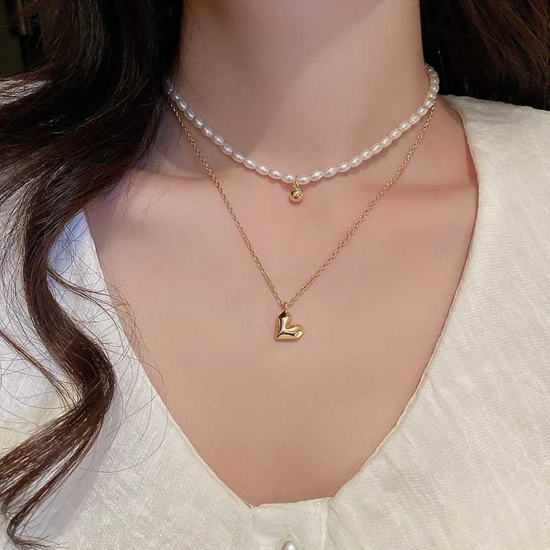 26# Necklace-Golden-Love Pearl Double Layer