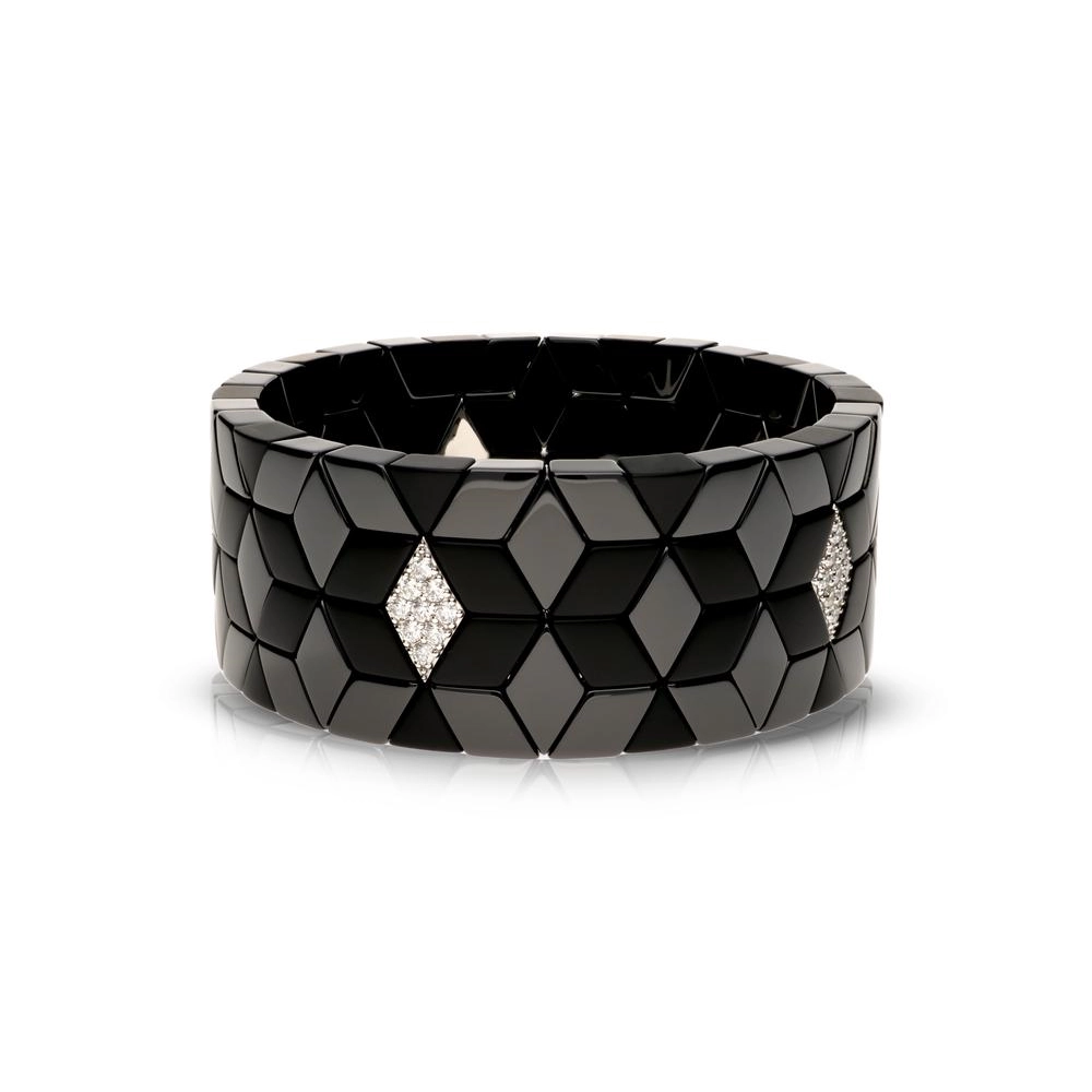 Women’s chunky bangle-Roberto Demeglio Cube Medium Black Ceramic Bracelet with Three 18K White Gold Diamond Stations