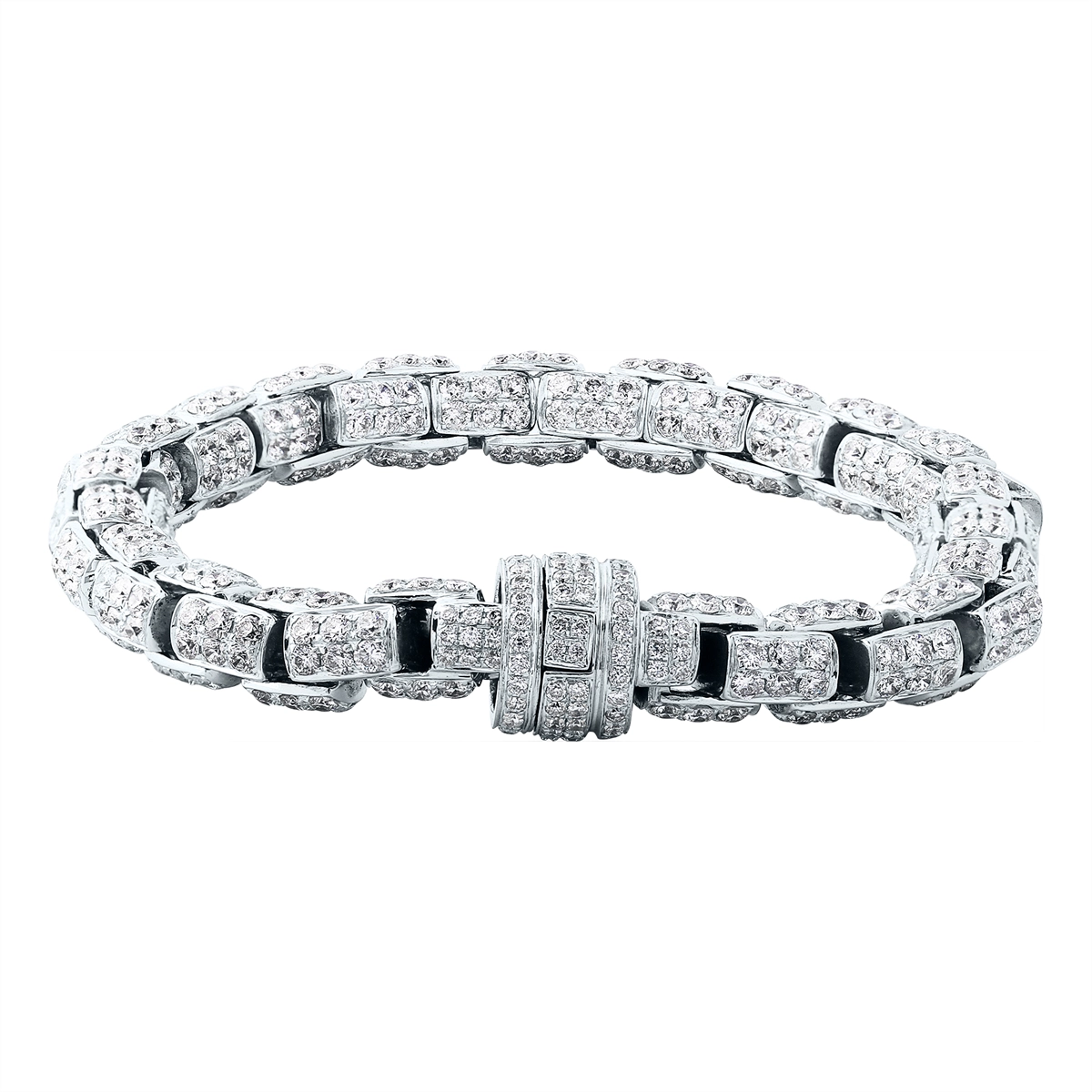 Women’s textured bracelet-18K White Gold Pavé Diamond Barrel Link Bracelet (Estate - 16.31 carats)