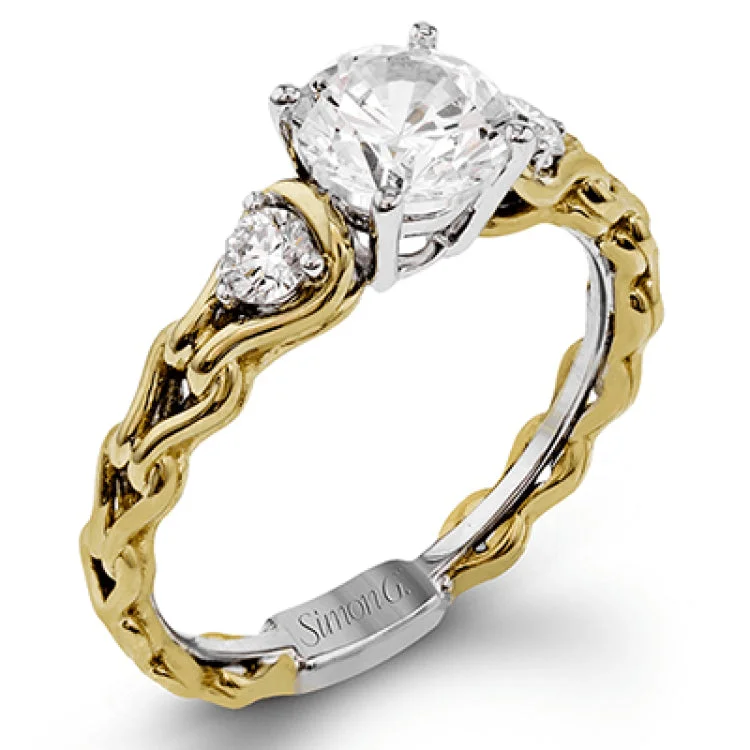 Women’s elegant solitaire engagement ring-This remarkable 18k two-tone gold engagement ring setting has a lovely, repeating pattern accented by .20 ctw of round white brilliant side stones.