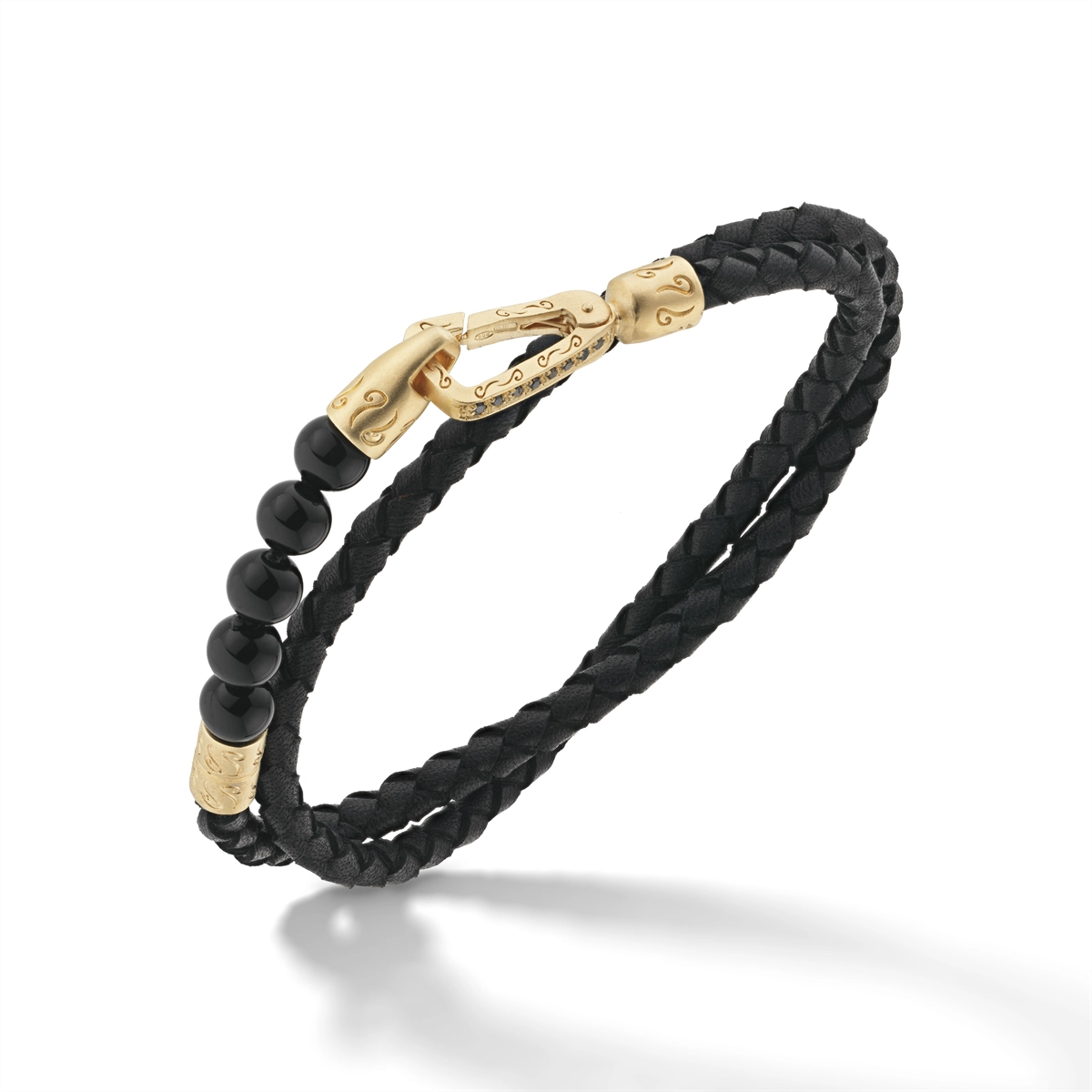 Women’s wedding bracelet-Marco Dal Maso Lash 18K Yellow Gold Vermeil over Sterling Silver and Black Woven Leather Bracelet with Black Onyx Beads