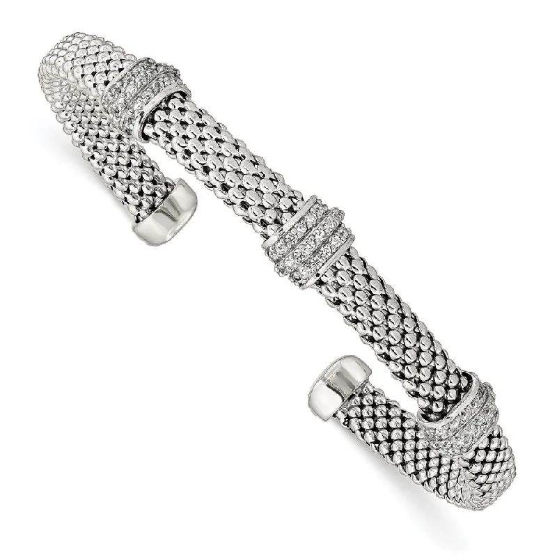 Women’s eco-friendly bracelet-Sterling Silver White Sapphire Textured Cuff Bracelet-WBC-QG4812