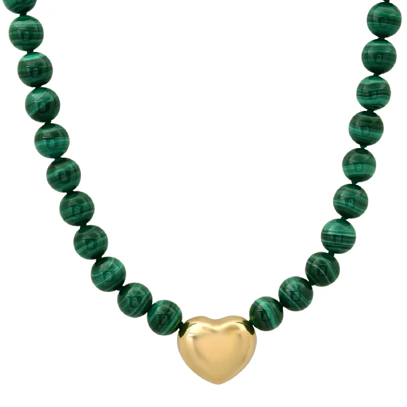 Women’s luxury diamond necklace-Beaded Malachite Necklace with Green Silk & Puffy Polished Heart