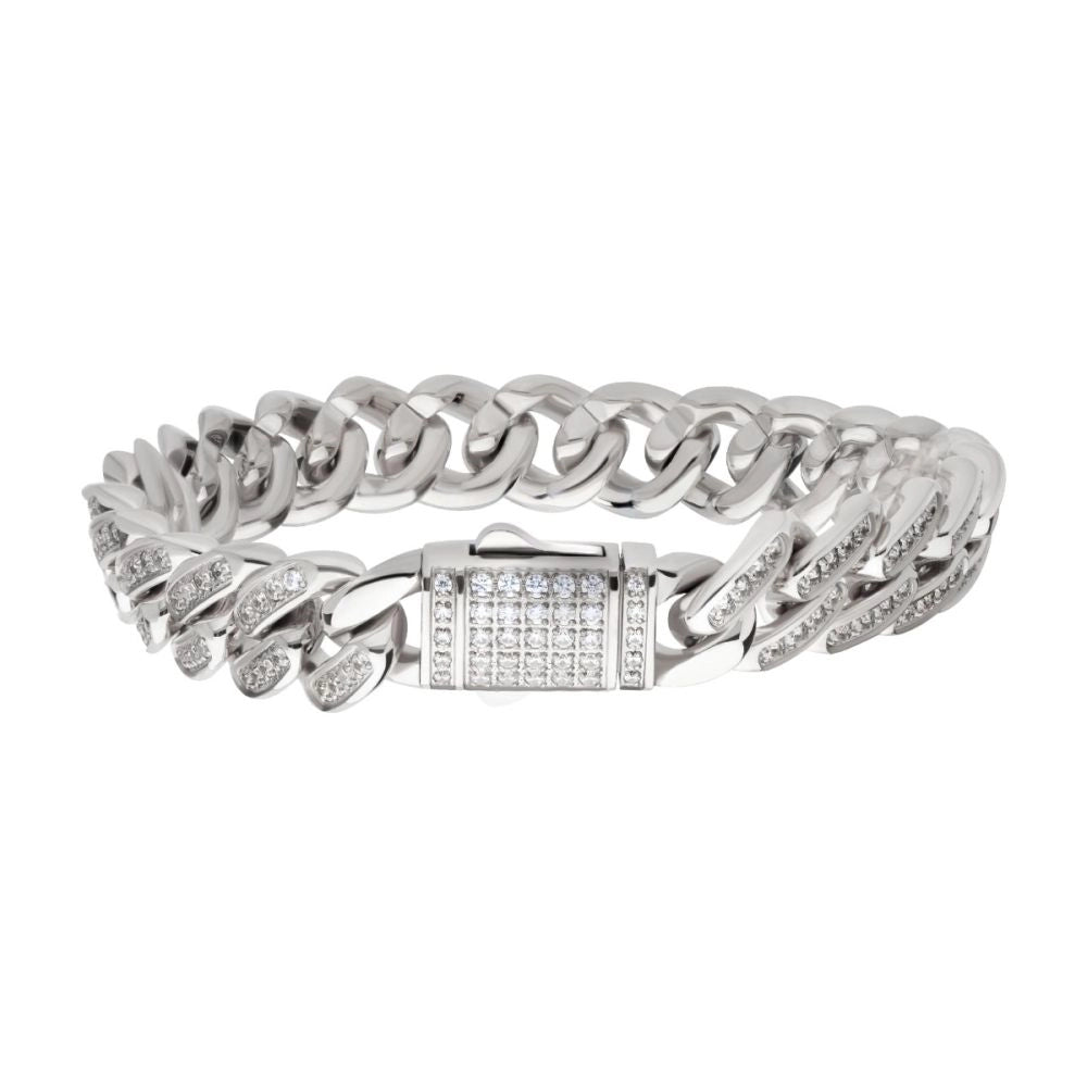 Women’s modern bracelet-Inox Stainless Steel 12mm Miami Cuban Chain Bracelet with CZ