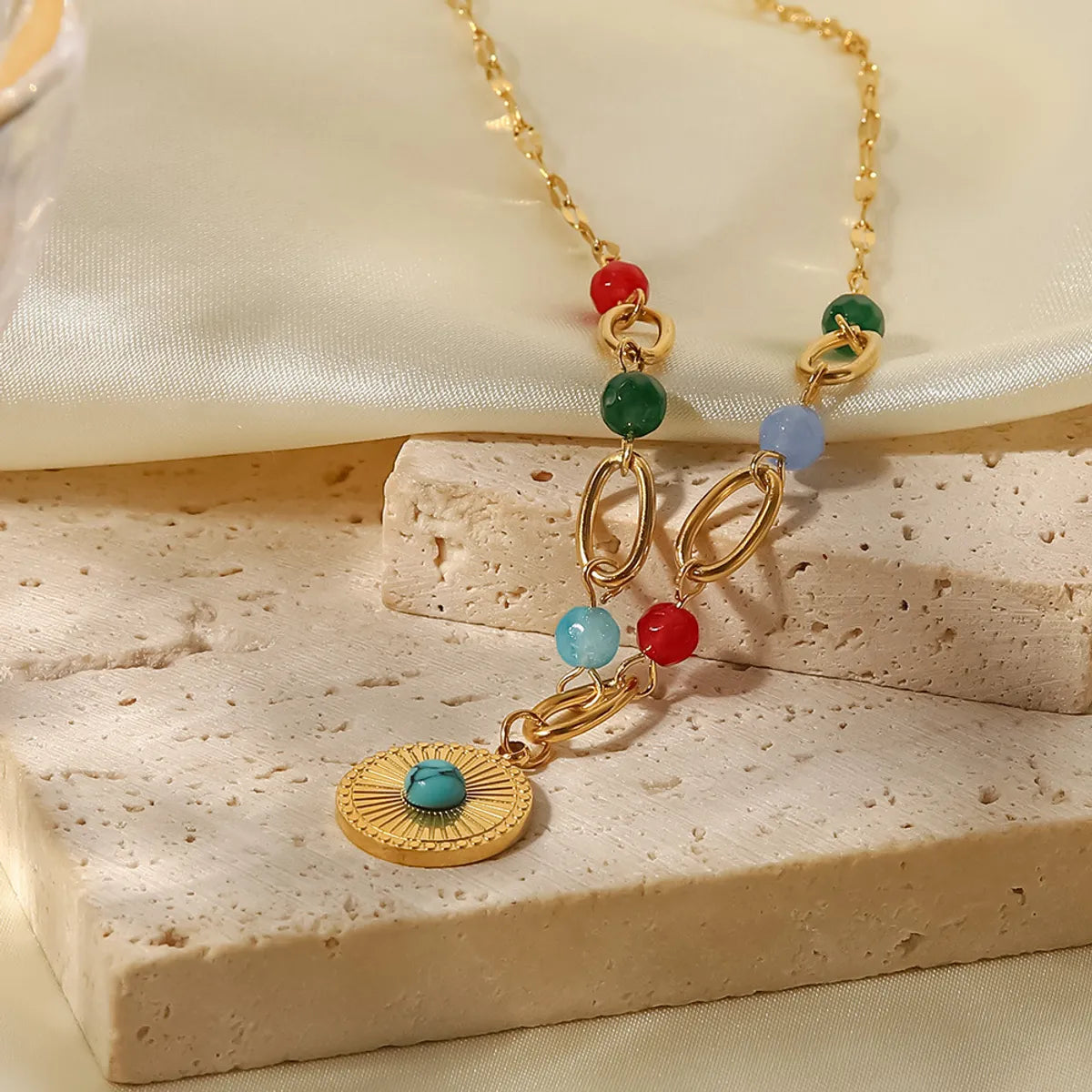 Women’s pendant necklace-Fashion Round Stainless Steel Pendant Necklace Gold Plated Inlay Turquoise Stainless Steel Necklaces