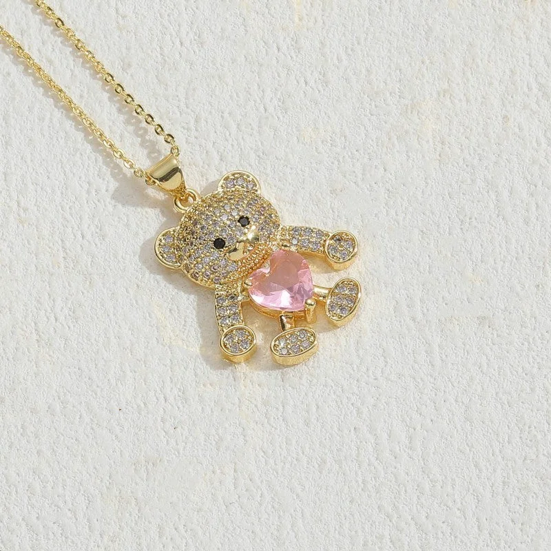 Bear Pink Loving Heart Zircon Necklace