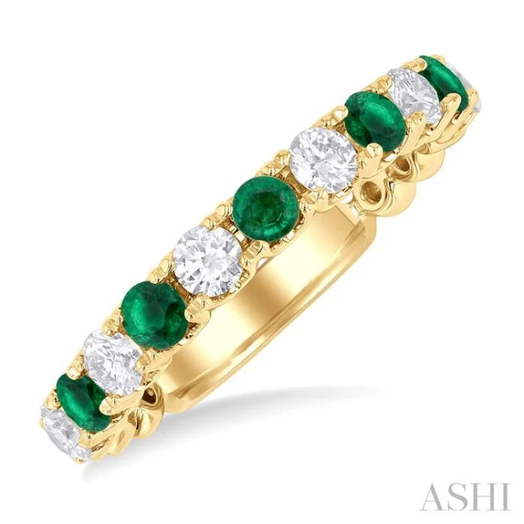 Women’s antique engagement ring-2.85 MM Emerald and 1/2 ctw Round Cut Diamond Precious Wedding Band in 14K Yellow Gold