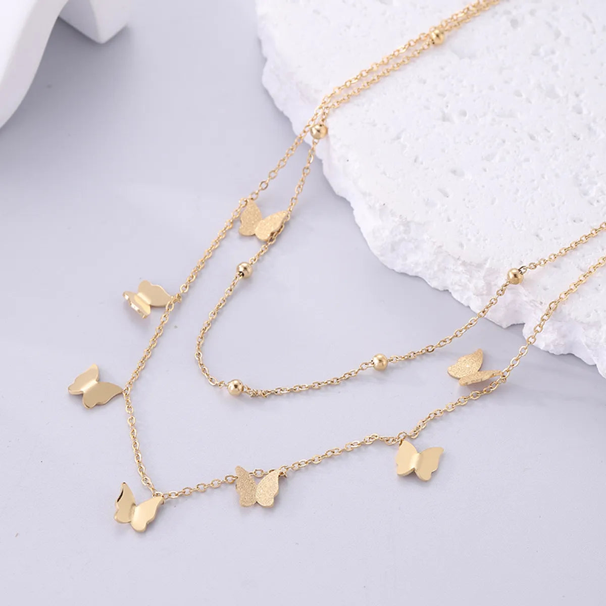 Women’s engagement necklace-Casual Streetwear Butterfly Stainless Steel Plating 18k Gold Plated Layered Necklaces