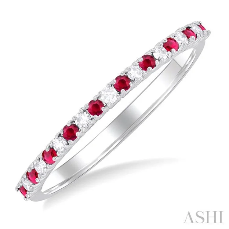 Women’s vintage engagement ring-1.35 MM Round Shape Ruby and 1/10 ctw Petite Round Cut Diamond Precious Stack Band in 10K White Gold