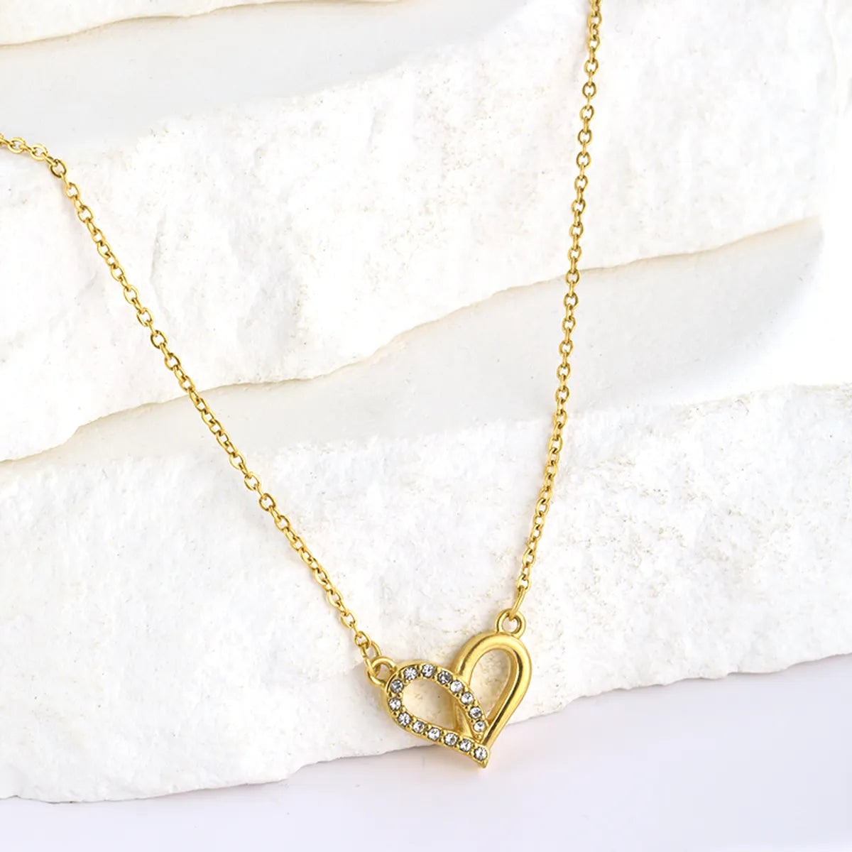 Women’s matching necklace and earrings set-Elegant Heart Shape Solid Color Stainless Steel Plating Inlay Artificial Diamond 18k Gold Plated Pendant Necklace