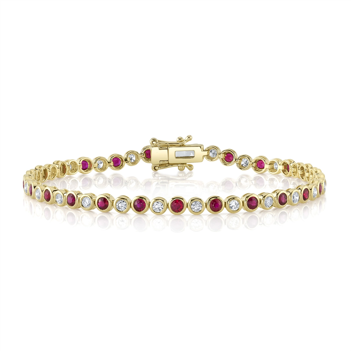 Women’s golden bangle-14K Yellow Gold Bezel Set Ruby and Diamond Bracelet