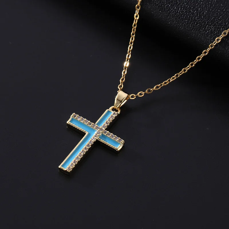 Women’s personalized birthstone necklace-Stainless Steel Casual Hip-Hop Cross Polishing Epoxy Zircon Pendant Necklace