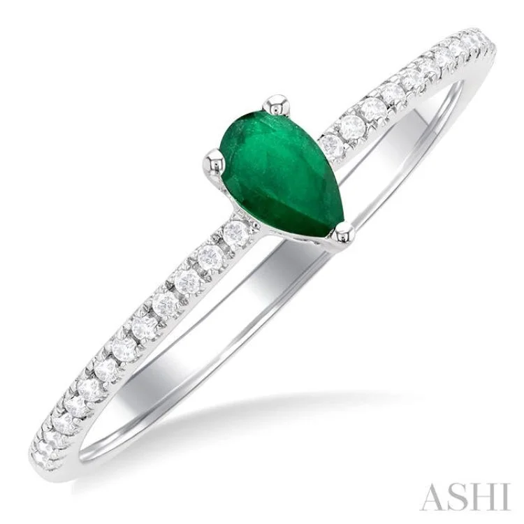 Women’s designer engagement ring-5x3 MM Pear Cut Emerald and 1/10 ctw Petite Round Cut Diamond Precious Fashion Ring in 10K White Gold