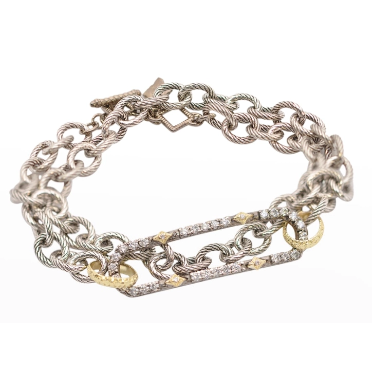 Women’s adjustable bangle-Armenta 18K Yellow Gold and Grey Sterling Silver Double Wrap Chain Bracelet with a Paperclip with Pave White and Champagne Diamonds