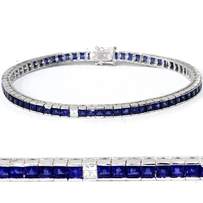 Women’s antique bracelet-18k White Gold 4 1/2ct TW Princess Cut Blue Sapphire & Diamond Tennis Bracelet (G-H,SI1-SI2)