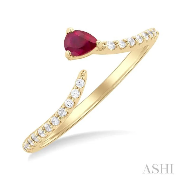 Women’s matching wedding band and engagement ring-4X3 MM Pear Cut Ruby and 1/10 ctw Petite Round Cut Diamond Precious Fashion Ring in 10K Yellow Gold